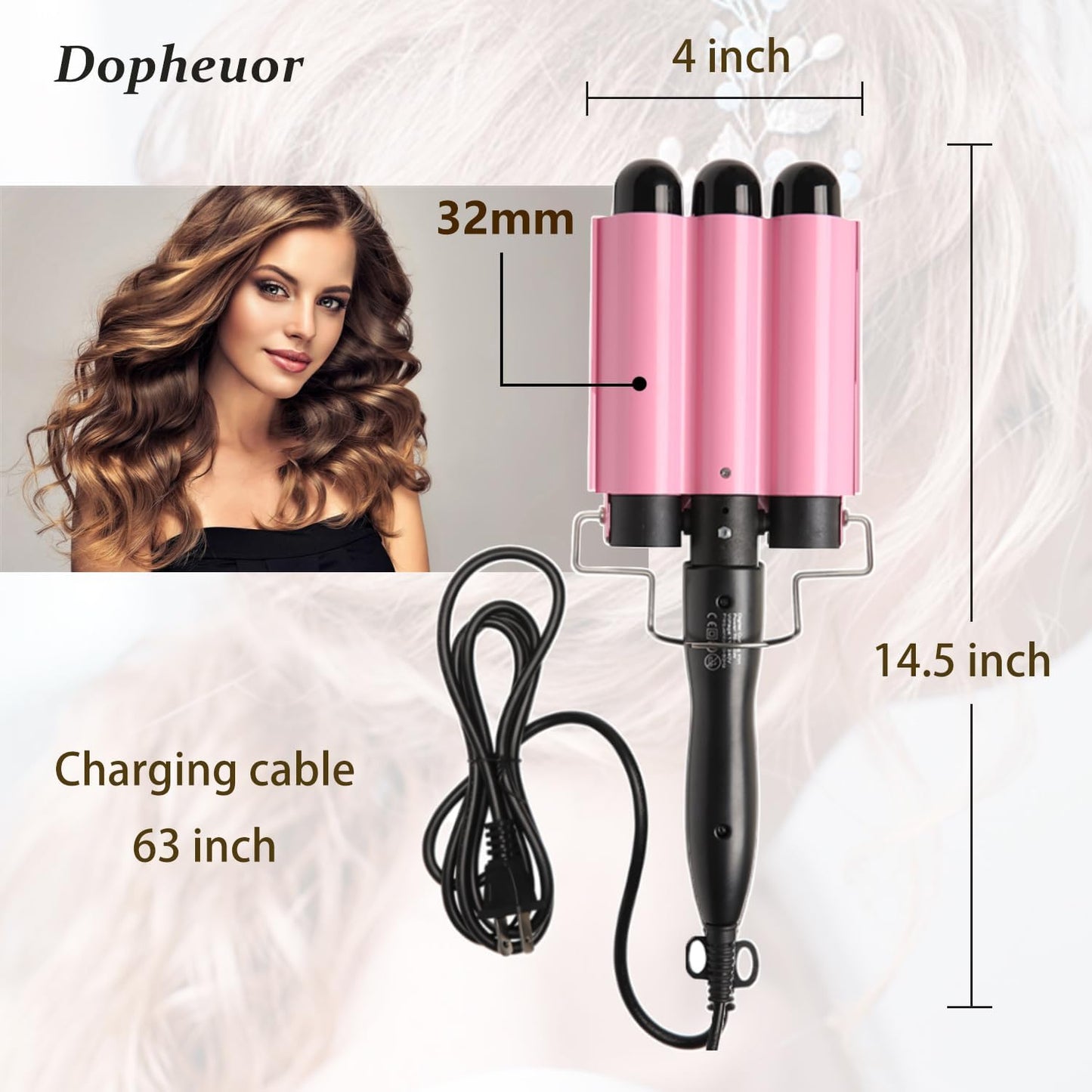 Dopheuor 2024 Newest 3 Barrel Curling Iron Jumbo 1.25 inch (32mm) Hair Curling Wand Crimper Instant Heating Adjustable Hair Curler with 2 Temperature Control, Pink