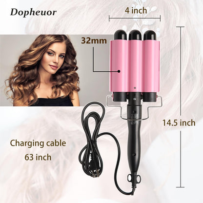 Dopheuor 2024 Newest 3 Barrel Curling Iron Jumbo 1.25 inch (32mm) Hair Curling Wand Crimper Instant Heating Adjustable Hair Curler with 2 Temperature Control, Pink