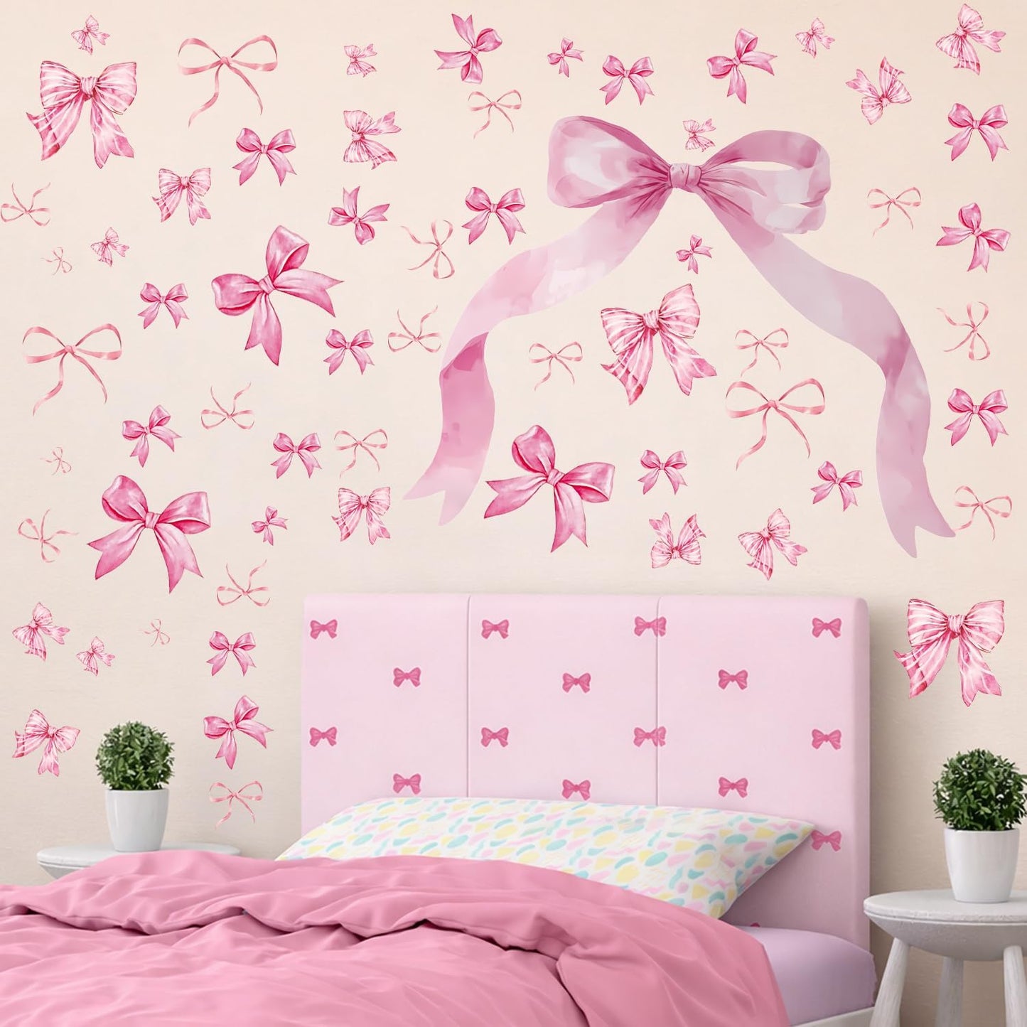 WallWhim Pink Bow Stickers for Kids Room, Bow Wall Decor Stickers for Teens Girls, 13 Sheets 72 Pcs UV PVC DIY Removable Stickers for Nursery, Bedroom, Classroom Decor