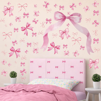 WallWhim Pink Bow Stickers for Kids Room, Bow Wall Decor Stickers for Teens Girls, 13 Sheets 72 Pcs UV PVC DIY Removable Stickers for Nursery, Bedroom, Classroom Decor