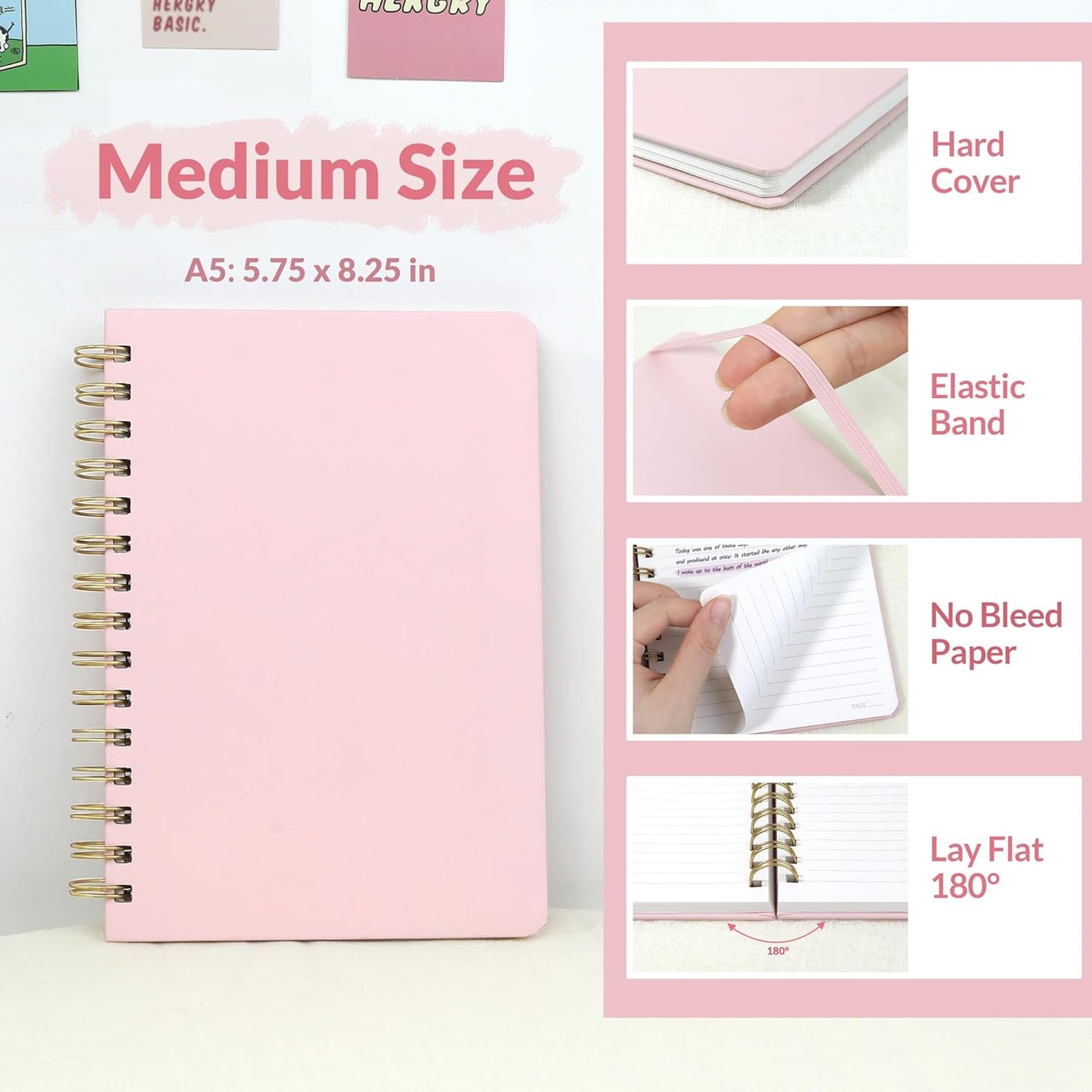 SUNEE Journaling Notebooks, A5 Lined Spiral Notebook for Women, 146 Pages College Ruled Hardcover Notebook for Work, Note Taking, Journaling and Office School Supplies, A5 - Pink