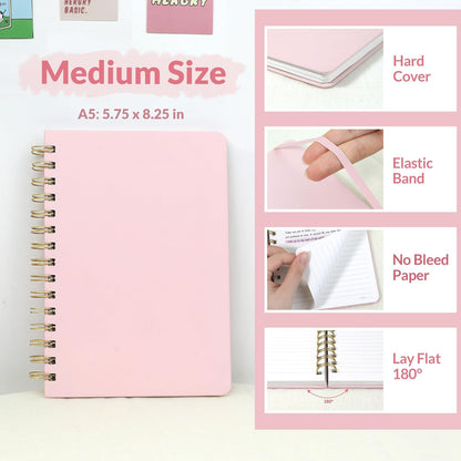 SUNEE Journaling Notebooks, A5 Lined Spiral Notebook for Women, 146 Pages College Ruled Hardcover Notebook for Work, Note Taking, Journaling and Office School Supplies, A5 - Pink