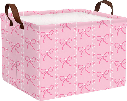 MYFLCOY Cute Baby Girl Bow Basket Kids Gift Storage Bin Large Toy Box with Handles Room Decor (Pink)
