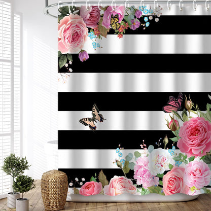 LIVILAN Pink Shower Curtains for Bathroom Floral Shower Curtain Flowers Girly Butterfly Black and White Striped Shower Curtain Set with Hooks 72" W x 72" H Machine Washable