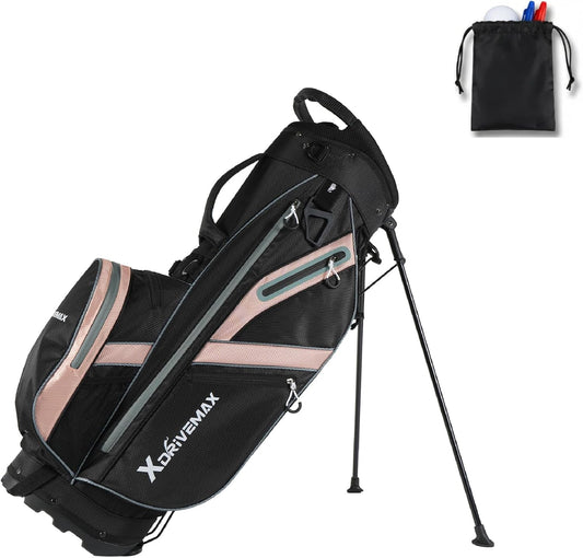 XDriveMax Golf Stand Bag, Lightweight 8-Way & 5-Way Top Dividers Golf Bag with Stand, Includes Insulated Cooler Pocket, Dual Strap & Rain Cover