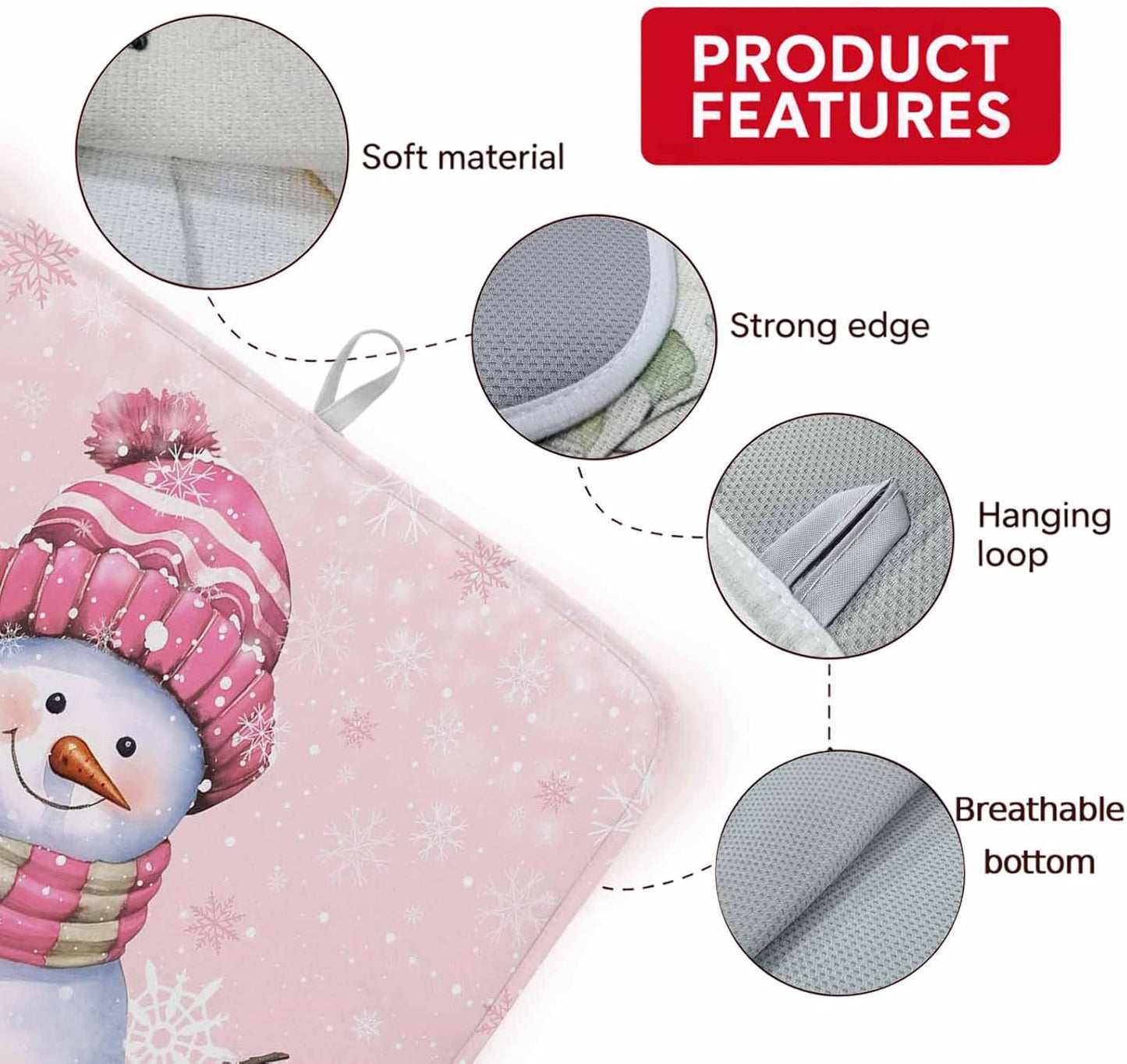 Christmas Pink Snowman Dish Drying Mat Absorbent Drying Matt Kitchen Counter Mats Pink White Snowflake Quick Dry Dishes Drainer Christmas Decorations 18x24 Inch