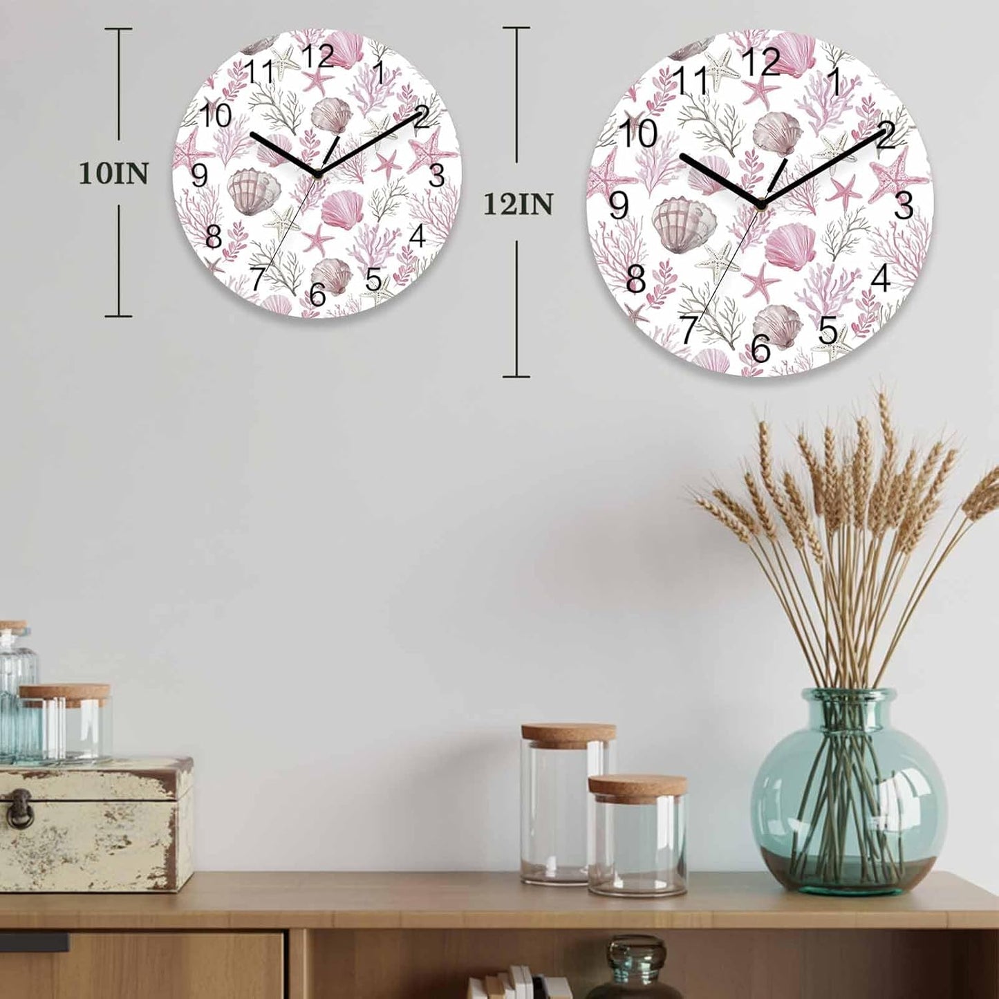 Pink Coastal Wall Clock Battery Operated Non-Ticking 12" Round Wood Clocks, Summer Beach Nautical Coral Starfish Shell Kitchen Wall Clock for School Bathroom Living Room Home Office Wall Decor