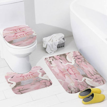Chinoiserie Light Pink Pagoda and Cranes Bathroom Rugs Bath Mats Set 3 Piece 20"x32" Vintage Garden Plants Bath Rugs and U-Shaped Contour Toilet Rug Bath Mats Shower Mats Bath Rug Mat