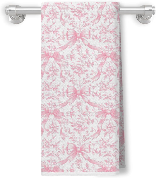Coquette Pink Bow Floral Kitchen Towels, Vintage Chinoiserie Floral Pink Hand Towels for Bathroom Decor, Coquette Bow Flower Decorative Dish Tea Towels for Kitchen, 16x24 Inch