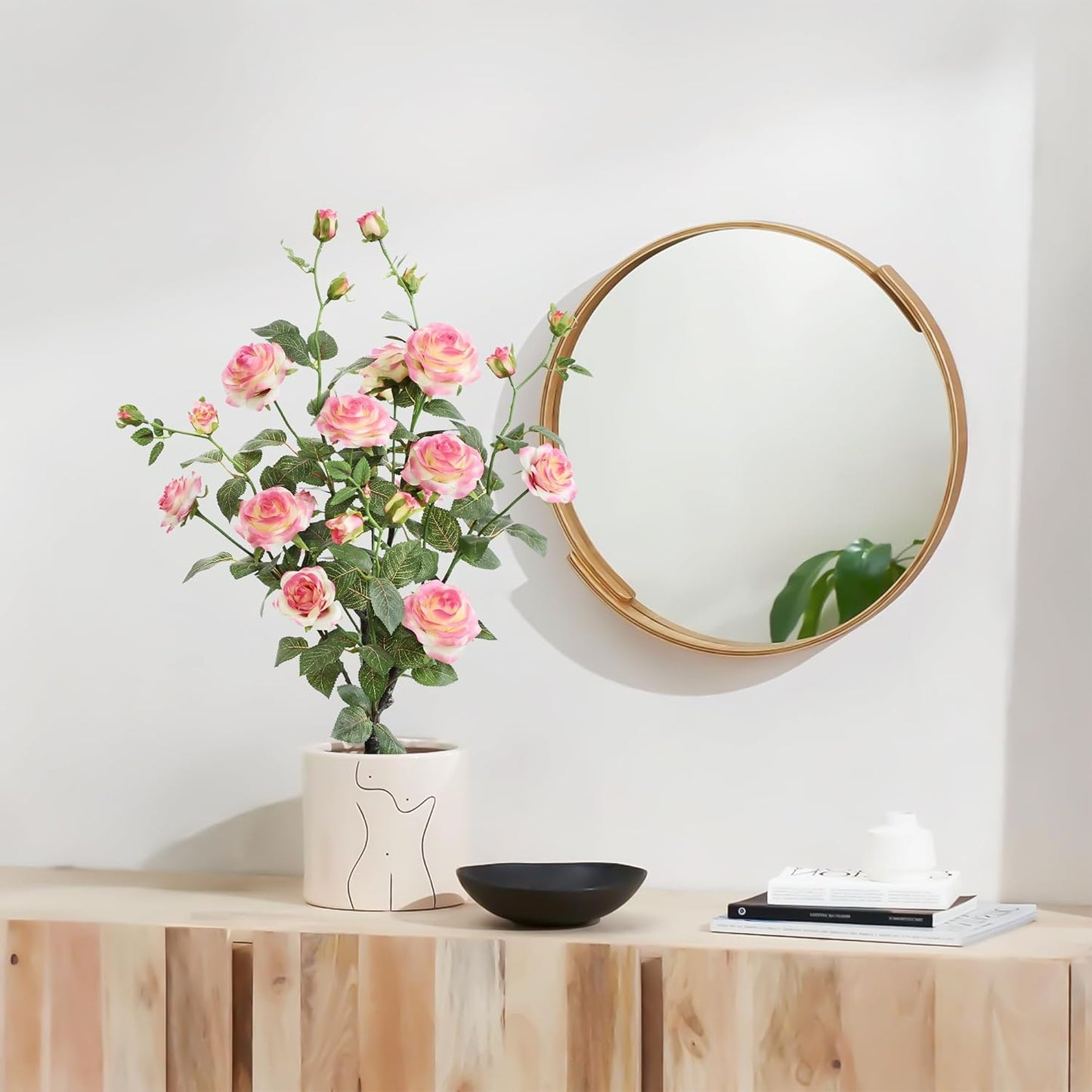 momoplant Artificial Rose Plant 25 Inch Tall Fake Silk Rose Flower Set of 2 Faux Trees with Potted for Living Room Table Kitchen Office Decor (Pink)