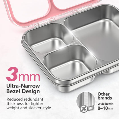 Stainless Steel Bento Lunch Box, 34oz/1000ml Leak Proof Metal Container, Lightweight 3mm Ultra-Narrow Bezel with Tritan Lid for Kids & Adults, 3-Compartment, BPA/BPS Free, Dishwasher Safe, Pink