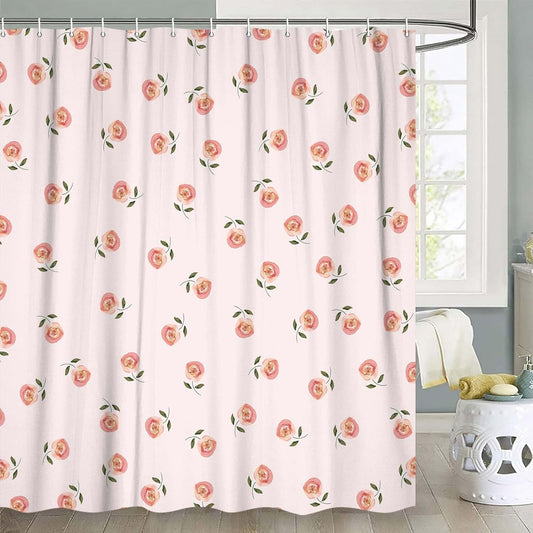 Pink Watercolor Rose Shower Curtain, Cute Floral Peach Rose Waterproof Fabric Bath Curtain with Hooks, Romantic Vintage Flower Bathroom Decor for Bathtub & Shower Stall 72X72IN