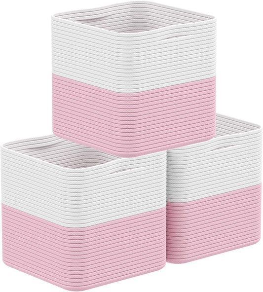 Storage Cotton Cubes 11 Inch, Woven Cotton Rope Storage Baskets for Toys Blanket Organizing, Storage Bins Decorative Organizer with Handles for Living Room Laundry Room Closet (3 Pack, Pink)