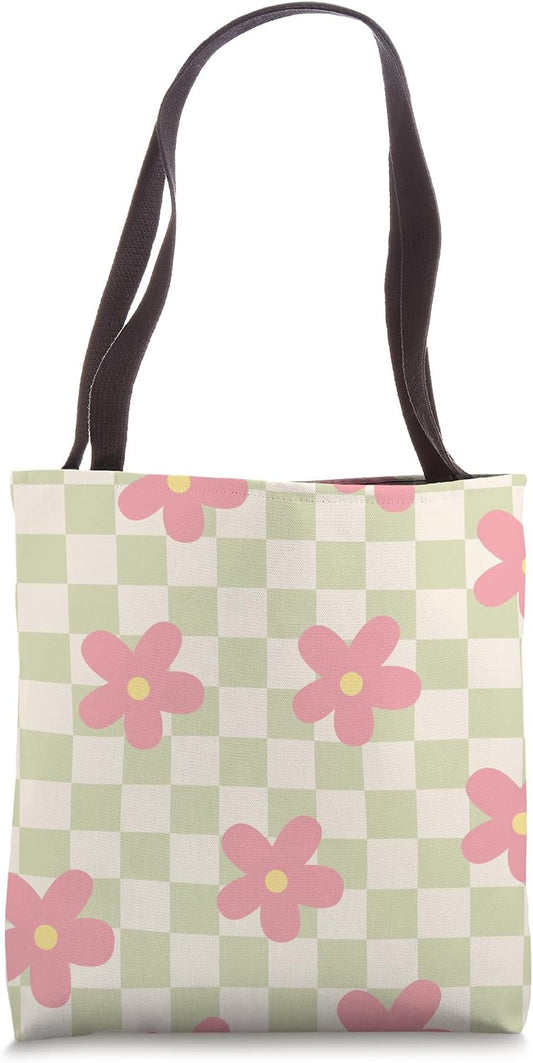 Aesthetic Checker Retro Groovy Flowers in Cream Peach colors Tote Bag