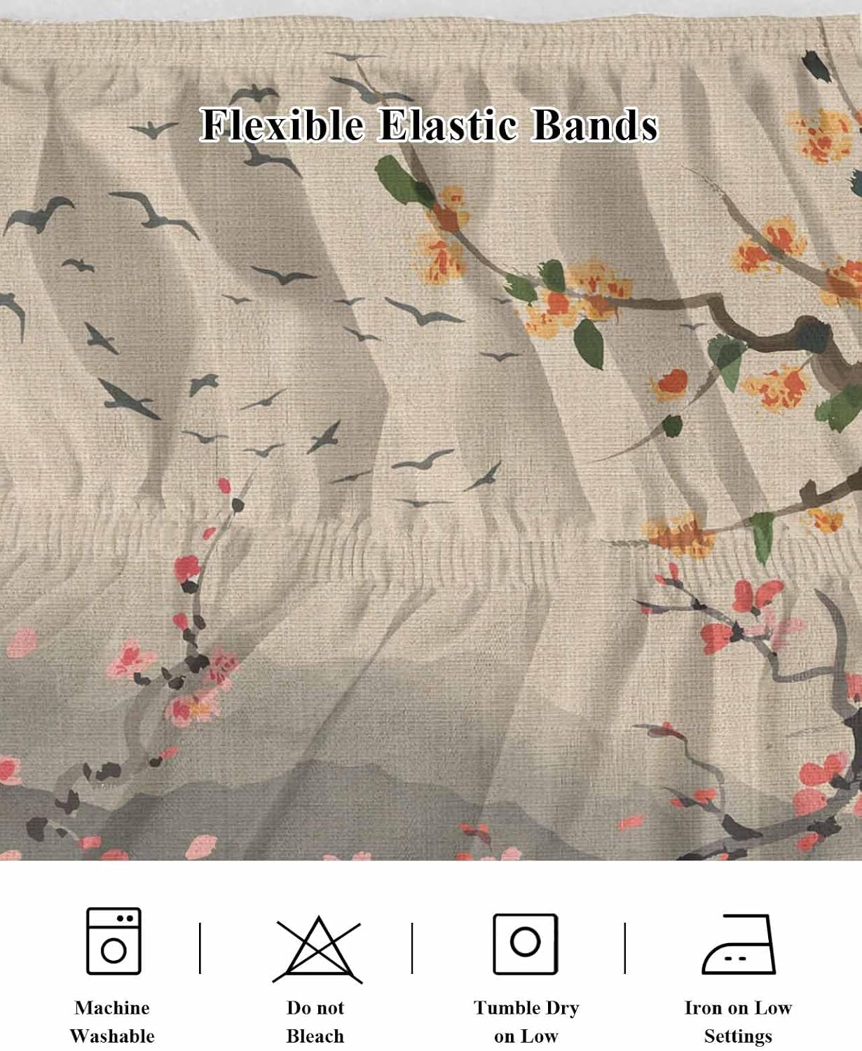 Chinese Ink Painting Bed Skirt Queen Size 16 Inch Drop, Wrap Around Bed Skirts, Pink Peach Blossom Branches Elastic Bedskirt Pleated Bed Frame Cover Luxurious Dust Ruffle for Queen Bed