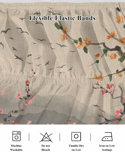 Chinese Ink Painting Bed Skirt Queen Size 16 Inch Drop, Wrap Around Bed Skirts, Pink Peach Blossom Branches Elastic Bedskirt Pleated Bed Frame Cover Luxurious Dust Ruffle for Queen Bed