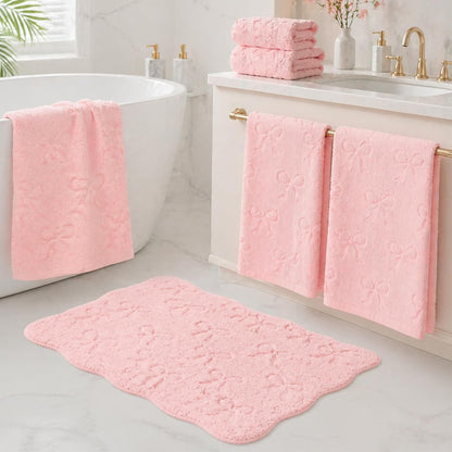 JarThenaAMCS 4Pcs 3D Pink Bow Bathroom Rug Set Soft Absorbent Jacquard Bath Towel Hand Towels Non-Slip Bath Mat for Coquette Home Hotel Shower Accessories Decor