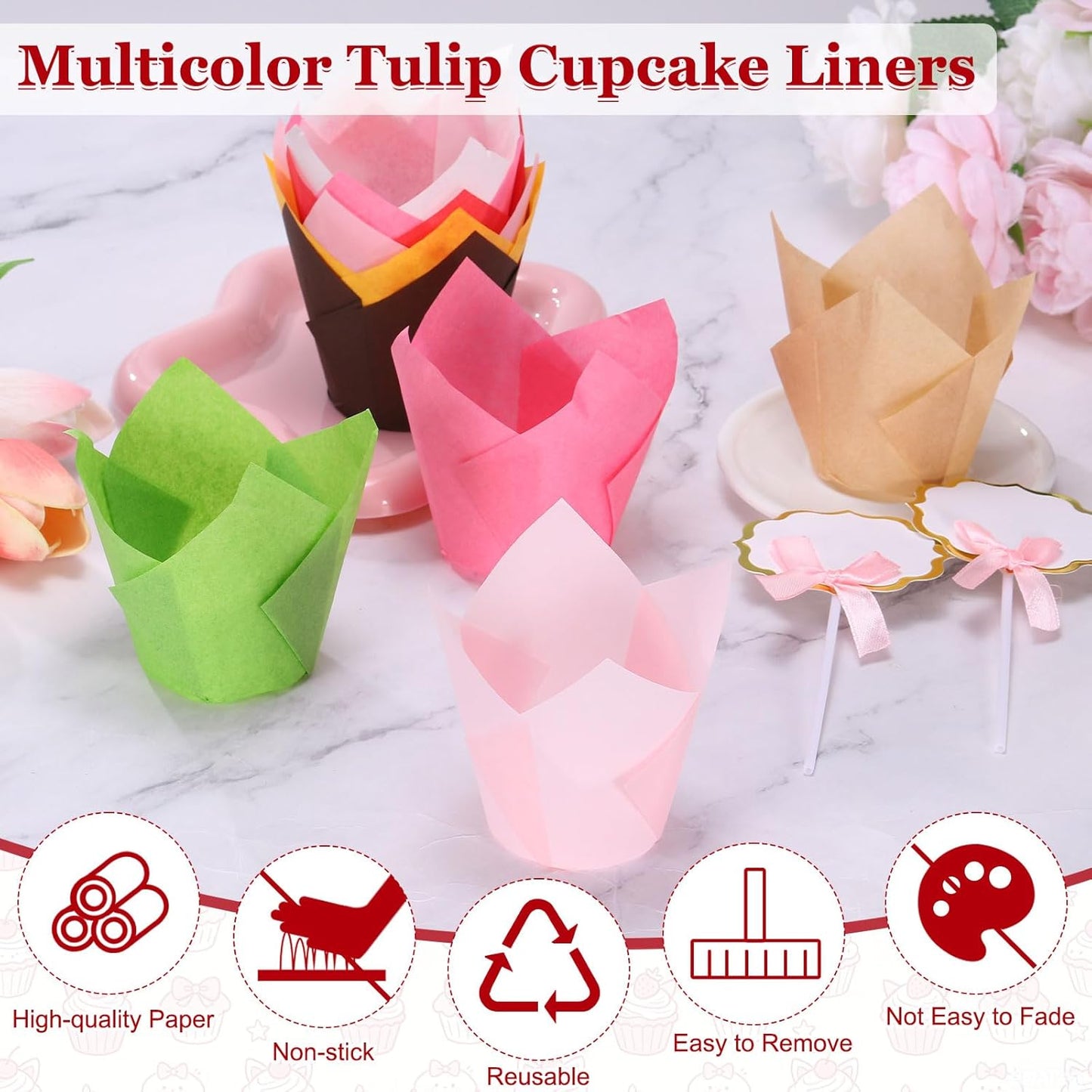 uxcell 100Pcs Tulip Cupcake Liners with 10Pcs Cheese Markers, Muffins Liners Solid Paper Greaseproof Wrappers Baking Cups with Writable Toppers for Wedding Birthday Shower, Light Pink