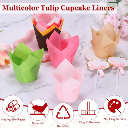 uxcell 100Pcs Tulip Cupcake Liners with 10Pcs Cheese Markers, Muffins Liners Solid Paper Greaseproof Wrappers Baking Cups with Writable Toppers for Wedding Birthday Shower, Light Pink