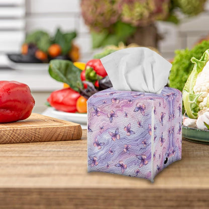 Purple Butterfly Tissue Box Holder Square Pink Marble Leather Tissue Box Cover Home Box Covers Cube Tissue Holder for Bathroom Tabletop Office Toilet Paper Storage