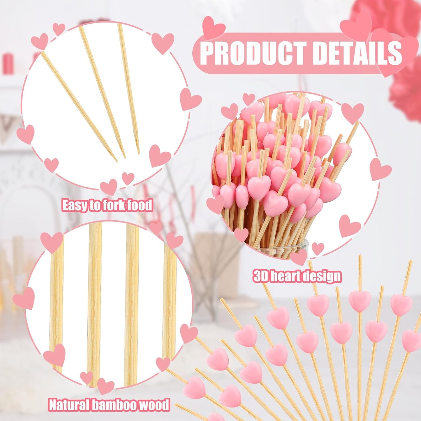 200PCS Pink Heart Cocktail Picks 4.7" Long Heart Shaped Bamboo Toothpicks for Appetizers Fruit Valentines Natural Bamboo Food Stick Skewer for Valentines Day Birthday Wedding Decoration Party Supplies