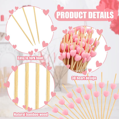 200PCS Pink Heart Cocktail Picks 4.7" Long Heart Shaped Bamboo Toothpicks for Appetizers Fruit Valentines Natural Bamboo Food Stick Skewer for Valentines Day Birthday Wedding Decoration Party Supplies
