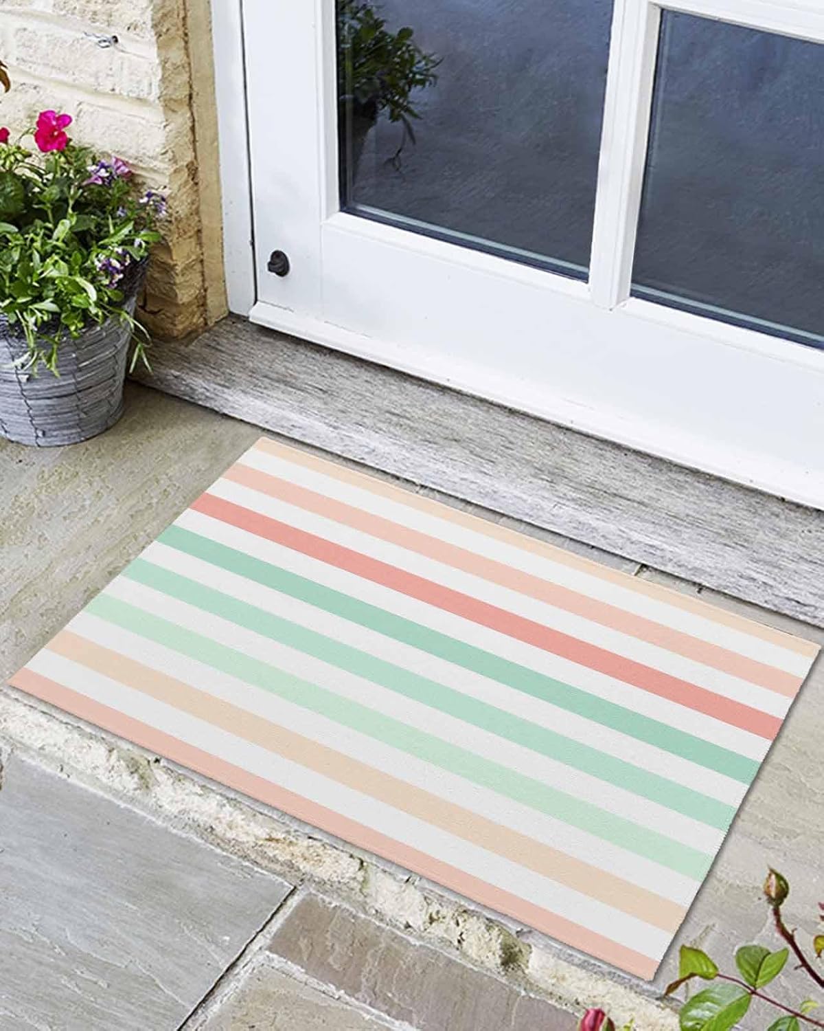 Front Door Mat Outdoor, Peach Pink Green Ombre Absorbent Non Slip Indoor Entry Rug, Farmhouse Stripe Modern Low-Profile Doormat Washable Rugs for Bathroom, Kitchen, 24x36in