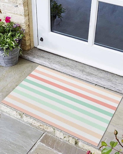 Front Door Mat Outdoor, Peach Pink Green Ombre Absorbent Non Slip Indoor Entry Rug, Farmhouse Stripe Modern Low-Profile Doormat Washable Rugs for Bathroom, Kitchen, 24x36in