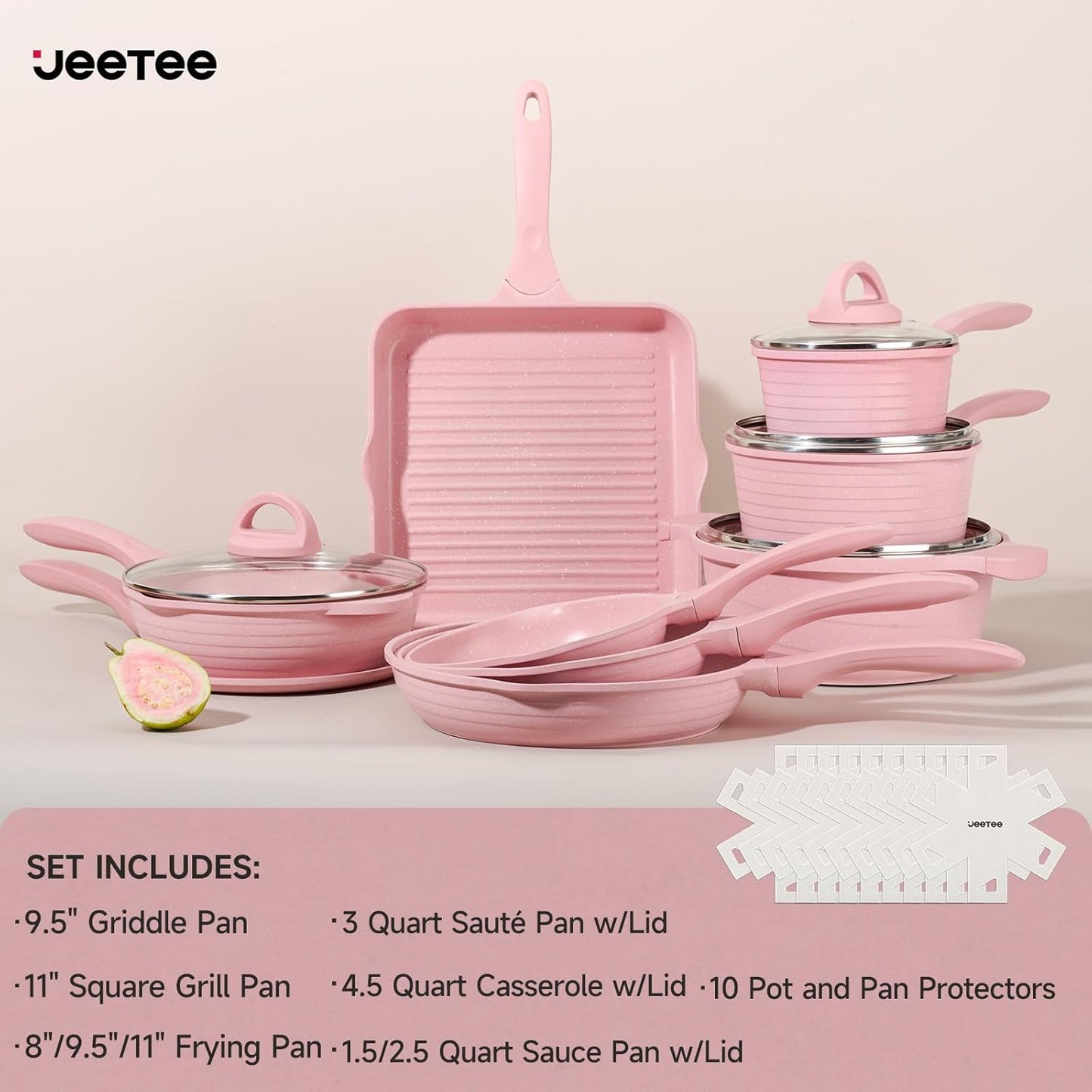 JEETEE Pink Pots and Pans Set Nonstick 23pcs, Healthy Kitchen Cookware Sets, Induction Cooking Set Pink Frying Pans, Saucepans, Sauté & Griddle & Crepe Pan (PFOA & PFAS Free)
