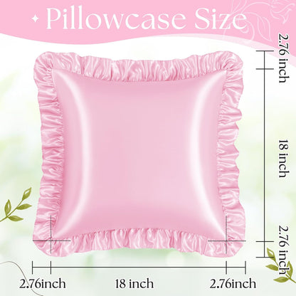 Pink Ruffle Pillow Shams Set of 2, 18 x 18 Inch Satin Ruffle Pillow Covers for Hair and Skin, Silky Pillowcase with Envelope Closure, Anti Wrinkle Ruffled Pillowcase for Sofa, Bed