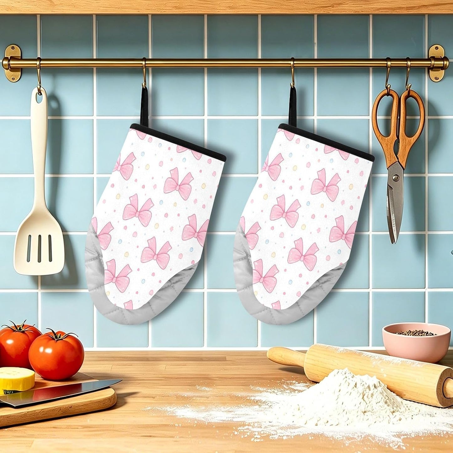 Pink Bows Polka Dots Non-Slip Oven Mitts Set Heat Resistant Kitchen Gloves with Quilted Liner Cotton Machine Washable with Hanging Loop for Baking Grilling BBQ