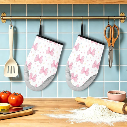 Pink Bows Polka Dots Non-Slip Oven Mitts Set Heat Resistant Kitchen Gloves with Quilted Liner Cotton Machine Washable with Hanging Loop for Baking Grilling BBQ
