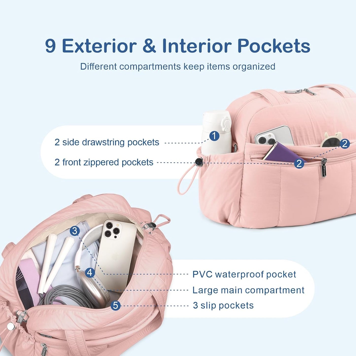 TOPDesign Travel Duffel Bag for Women, Puffer Gym Bag Sports Tote with Wet Pocket, Carry On Weekender with Luggage Sleeve (Pink)