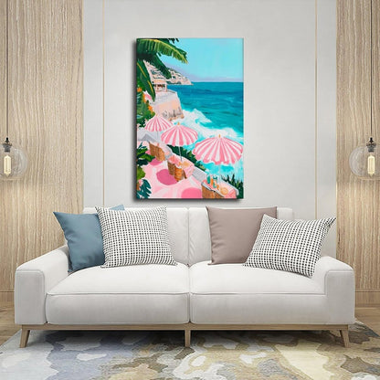 Pink Beach Umbrella Coastal Wall Art Pastel Ocean Canvas Print for Girly Apartment Bedroom Decor, Retro Mediterranean Vacation Poster for Cute Aesthetic Preppy Room Aesthetics