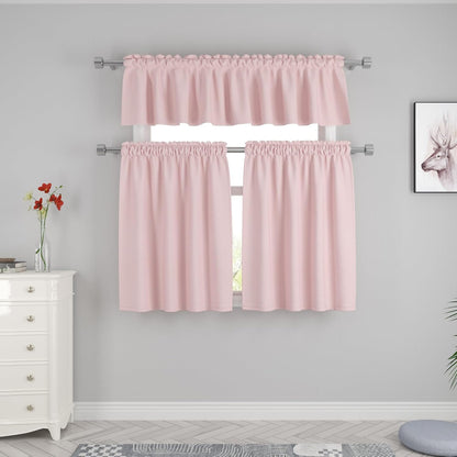 UPOPO Pink 3 Pieces Tier Curtains and Valance Set Kitchen Window Curtain Over Sink Linen Textured Caravan Small Short Bathroom Half Window Cafe Basement Rod Pocket 54"x18"/27"x36"