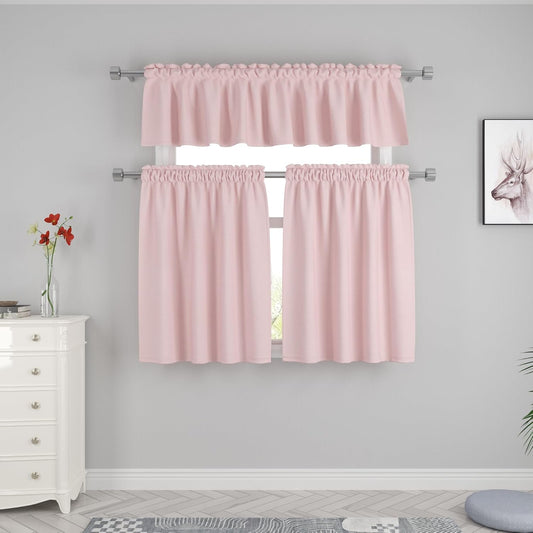 UPOPO Pink 3 Pieces Tier Curtains and Valance Set Kitchen Window Curtain Over Sink Linen Textured Caravan Small Short Bathroom Half Window Cafe Basement Rod Pocket 54"x18"/27"x36"