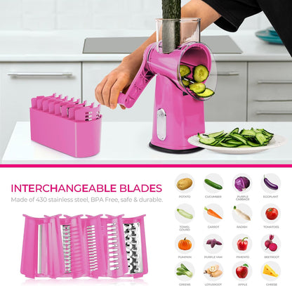 SUSTEAS Rotary Cheese Grater with Handle - Vegetable Shredder with 5 Well-designed Blades & Strong Suction Base,Round Mandoline Slicer & Food Chopper for Kitchen,with Blade Storage Box(Pink)