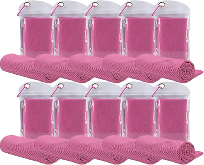 10 Pack Cooling Towels Bulk Microfiber Ice Towel Quick Dry Breathable Chilly Sweat Towel Stay Cool Towel for Neck Face Yoga Gym Workout Running Pilates Beach with Carabin Bag, 40x12'', Pink
