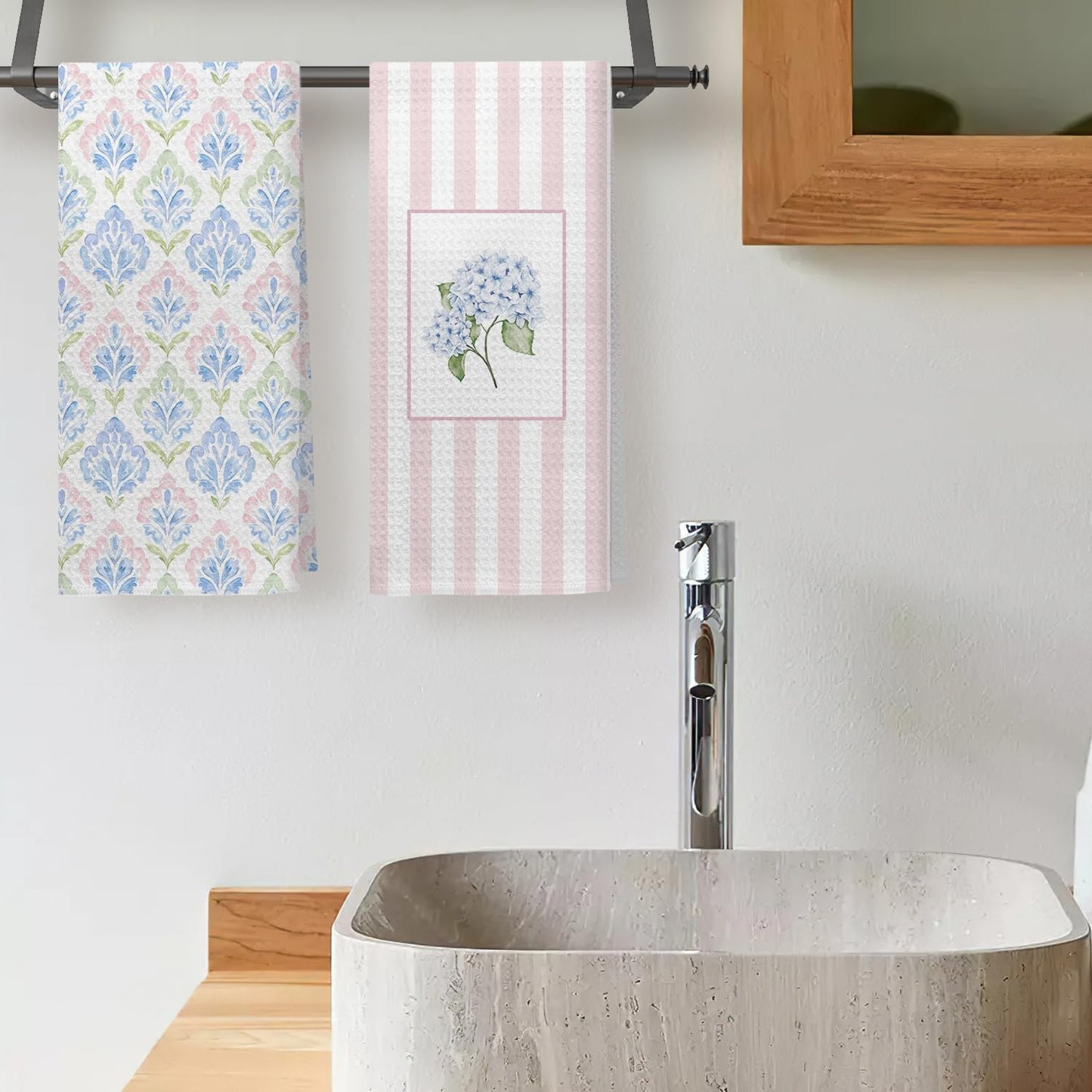 Pink and Blue Grandmillennial Hydrangea Floral Kitchen Dish Towels, Pink Striped Flower Decorative Hand Towels for Bathroom Kitchen, Preppy Floral Bathroom Decor, 16x24 Inch Set of 2