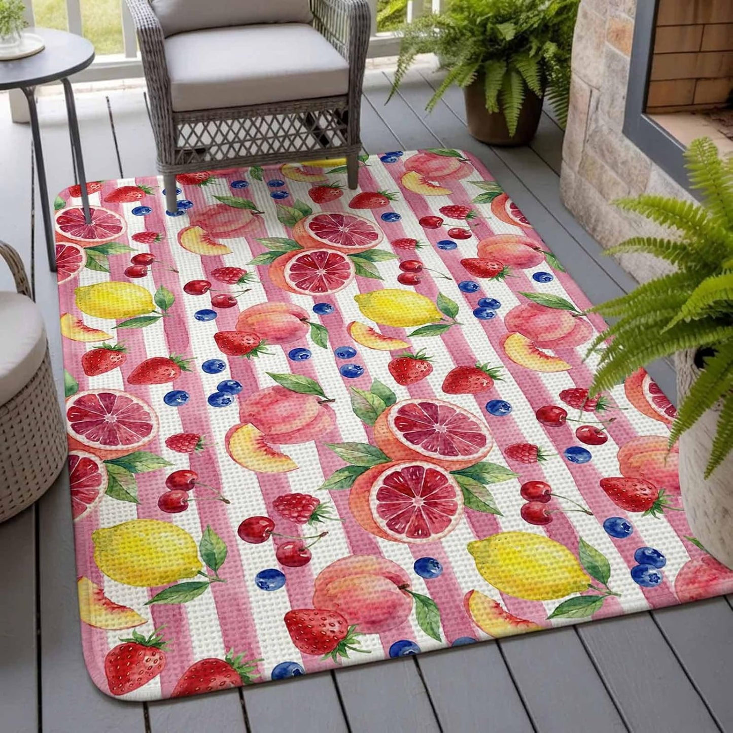 Living Room Rug Summer Peach Lemon Grapefruit Area Rug Washable Rugs for Bedroom Dining Room, Blueberry Strawberry Pink Stripe Non-Slip Absorbent Floor Carpet Area Rugs 63x91in