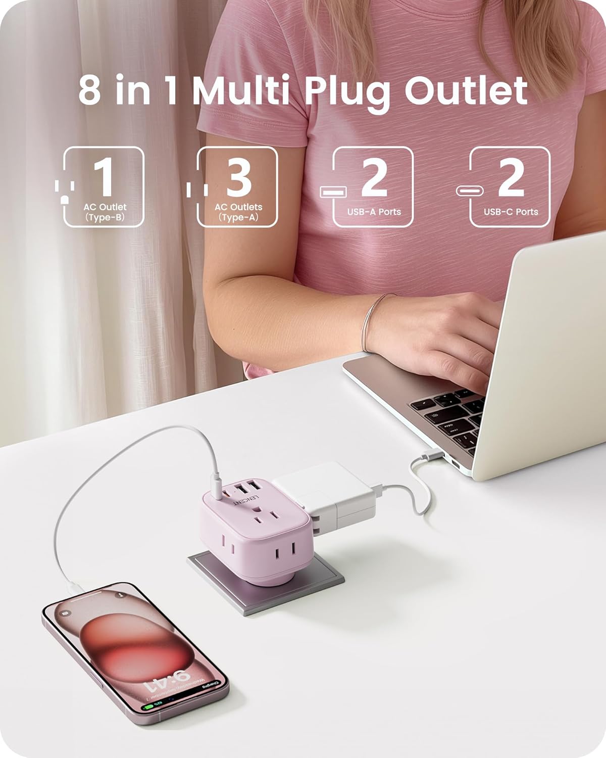 LENCENT Multi Plug Outlet Extender with USB C, 4 AC Electrical Outlet Expander with 4 USB Charger Cube, Small Multiple Wall Tap Plug Splitter for Home Office Travel Dorm Essentials - Pink