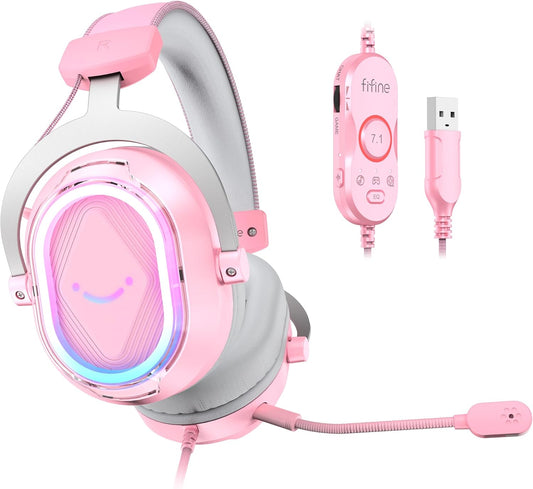 FIFINE Wired RGB Gaming Headset, PC Over-Ear Streaming Headset with USB, 7.1 Surround Sound, Noise-Cancelling Mic, Soft Ear Pads, 4 EQ Modes for PC, Laptop, Mac, PS4, PS5 - AmpliGame H13P (Pink)