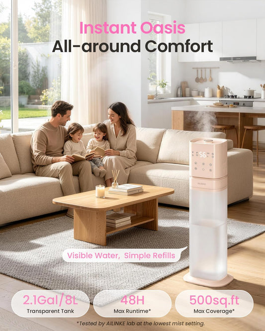 Humidifiers for Bedroom 2.1Gal/8L, Smart Humidifier for Large Room, Cool Mist Humidifiers for Home Kids Baby Plants, Top Fill Humidifier with Extension Tube, WIFI APP & Voice Control, Pink