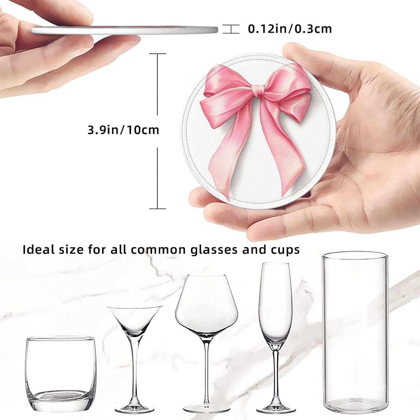 Watercolor Light Pastel Pink Ribbon Bow Premium Leather Coasters, Set of 6 with Holder, Stylish Beverage Coasters for Kitchen Coffee Bar
