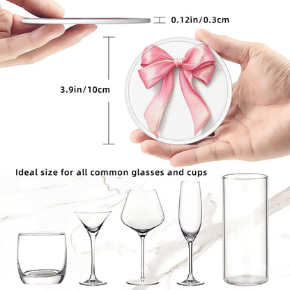 Watercolor Light Pastel Pink Ribbon Bow Premium Leather Coasters, Set of 6 with Holder, Stylish Beverage Coasters for Kitchen Coffee Bar
