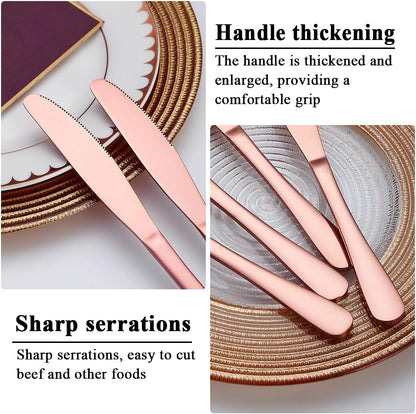 Evanda Rose Gold Dinner Knives Set - 12 Pieces Titanium Plating Stainless Steel Steak Knife Set, Table Flatware Cutlery, Butter Knife, Dishwasher Safe