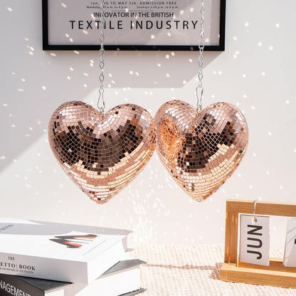 6“ Heart Shaped Disco Ball - 2 Pack Rose Gold Mirror Disco Balls with 20" Chains for Valentines Day Gift Party, Reflective Hanging Disco Decor Retro Decor for Cafe, Desk, Room, Home, Bar