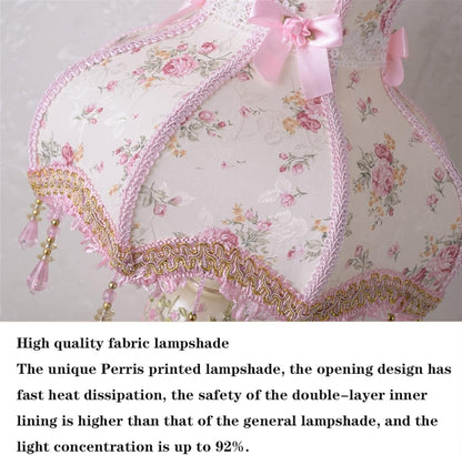 Bedroom Nightstand Princess Pink Table Lamp Handmade Victorian Lace Fabric Lampshade Resin Flower Carved Base