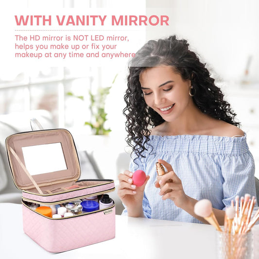 HXLGMD Large Makeup Bag with Mirror Double Layer Travel Make Up Organizer Case, Large Capacity Coemetic with Brush Slot Divider, Travel Toiletry Bag for Women (Pink)