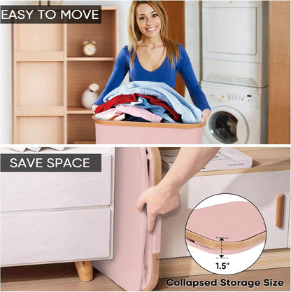 BALEINE Laundry Hamper with Lid, Tall Laundry Baskets with Bamboo Pull Handles, Large Laundry Bin with Internal Support (18 Gal/70L, Pink)